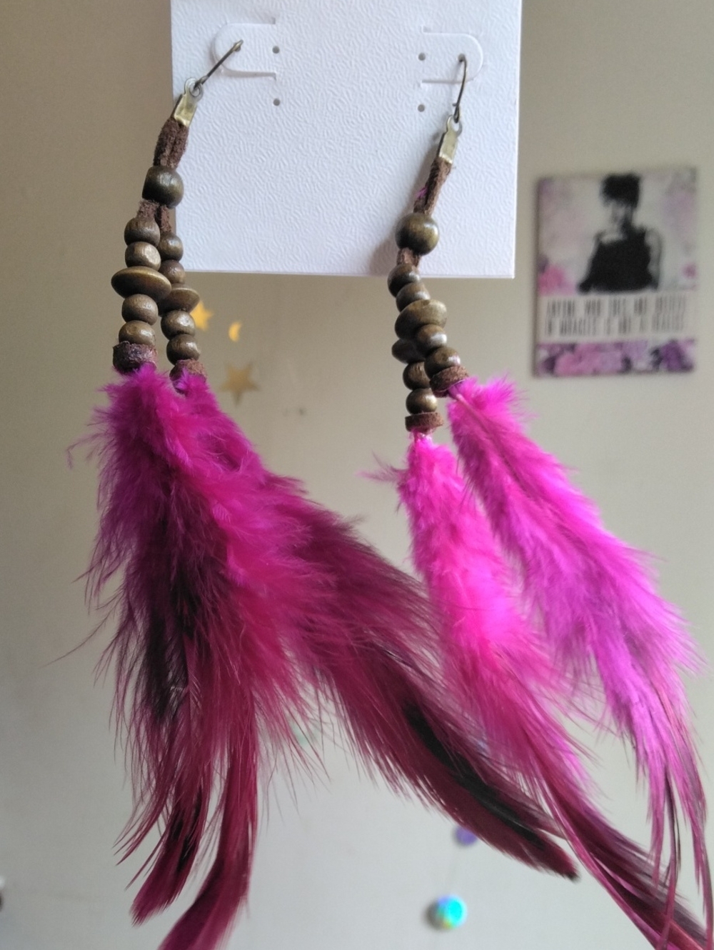Vibrant Fuchsia Feather And Wood Dangle Earrings